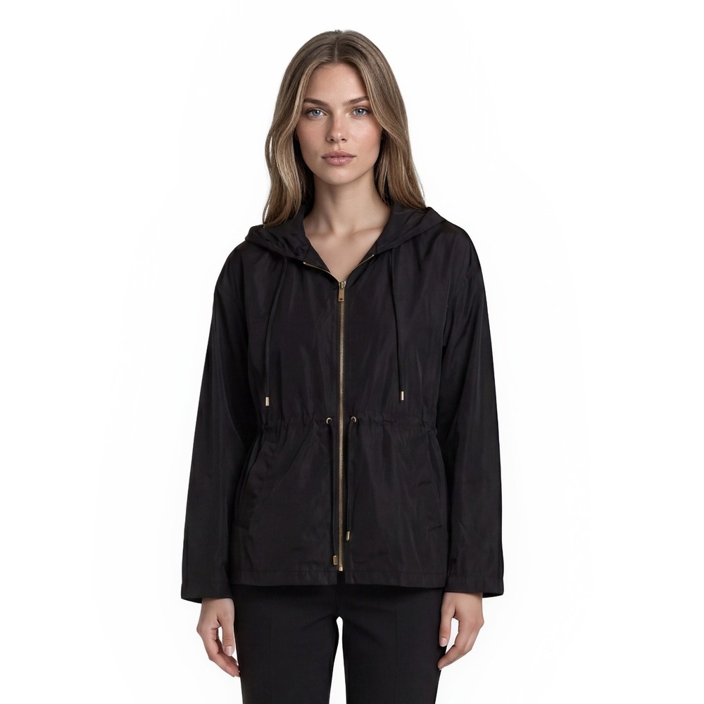 Michael Kors Rain Jacket Womens Size Large Black Hood Drawstring Zip Windbreaker